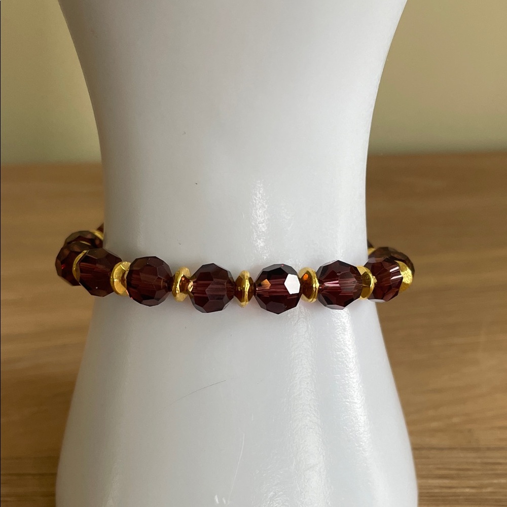 HANDCRAFTED PURPLE CRYSTAL & GOLD BEADED STRETCH BRACELET Boho Statement Jewelry